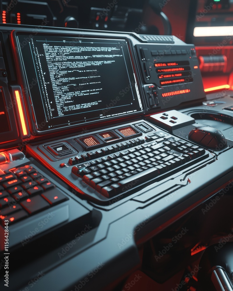 Poster futuristic control room with high-tech monitor and keyboard setup