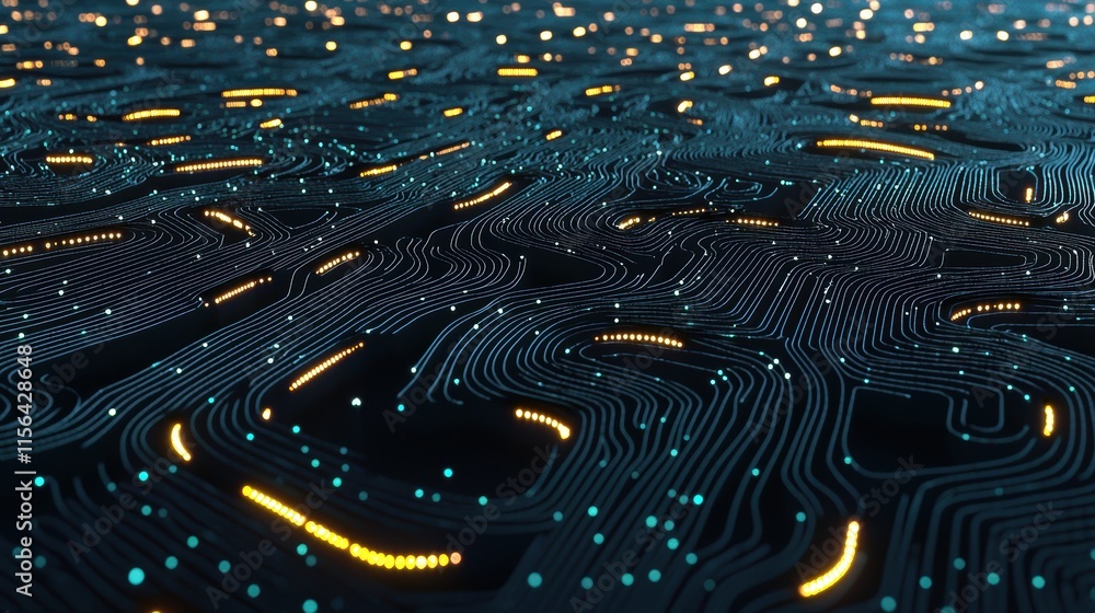 Poster abstract digital circuit lines with bright neon lights and depth