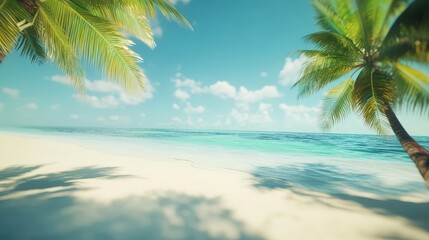 Fototapeta premium Tropical beach with crystal-clear turquoise water and vibrant palm trees