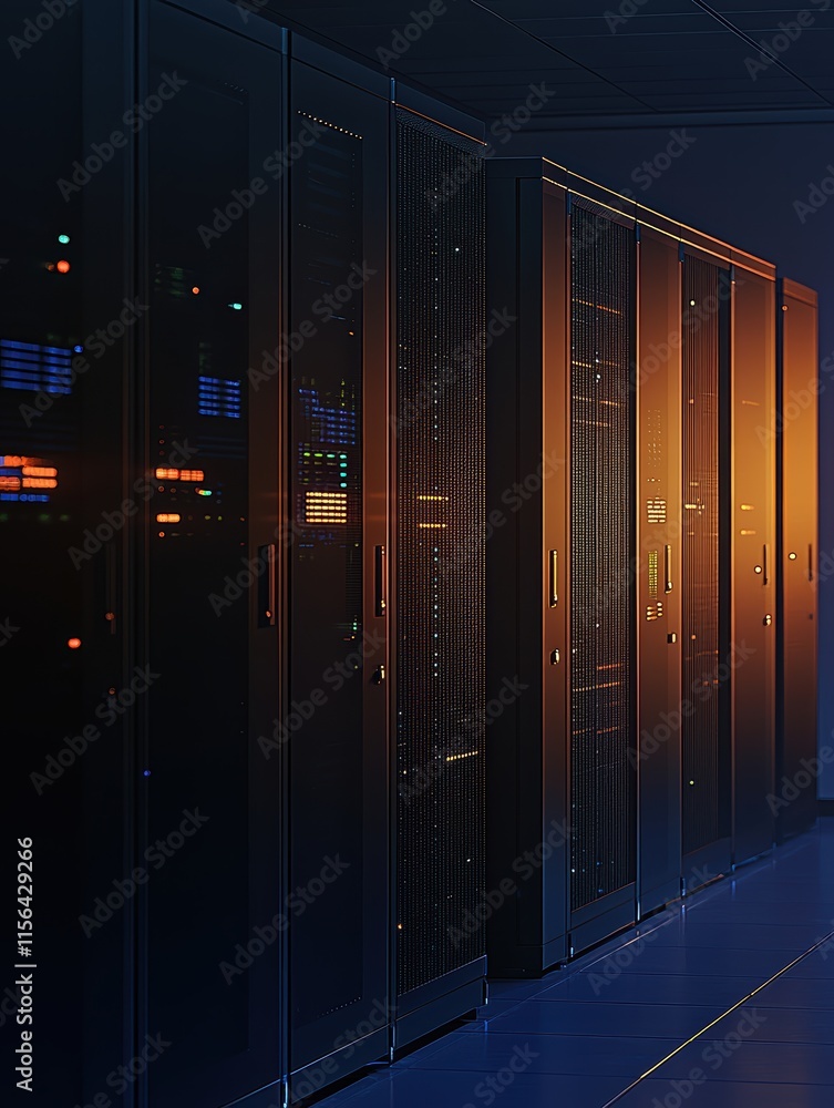 Poster modern data center with illuminated server racks at sunset