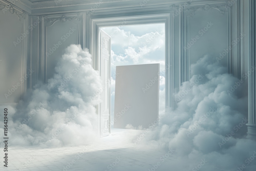 Canvas Prints a white door is open in a room with a lot of smoke and clouds. the room is empty and the door is wid
