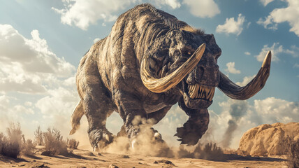 Fototapeta premium A massive armored behemoth, adorned with sharp tusks and thick iron-clad armor, charges powerfully through a desolate desert battlefield, kicking up dust and creating an imposing presence.