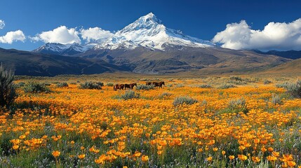A vibrant field of orange flowers with a snow-capped mountain in the background.