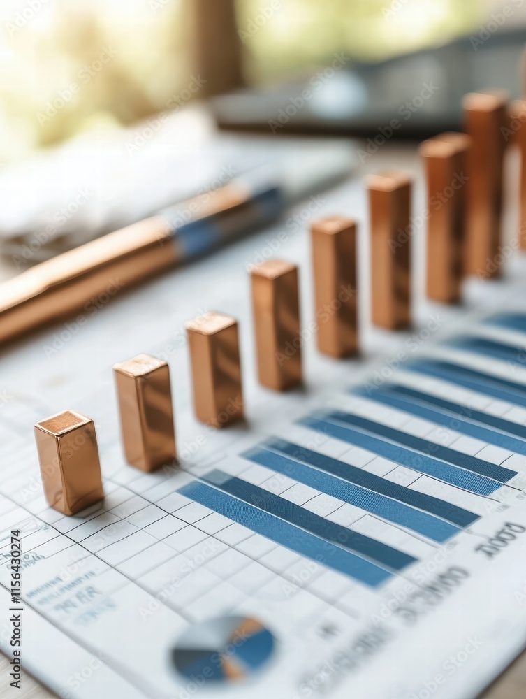 Poster copper bar graph on financial report with blue data visualization