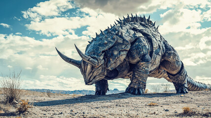 Fototapeta premium A massive armored creature with a spiked tail and formidable horns emerges ominously from a deep fissure in the ground, exuding a powerful and intimidating presence in its surroundings.