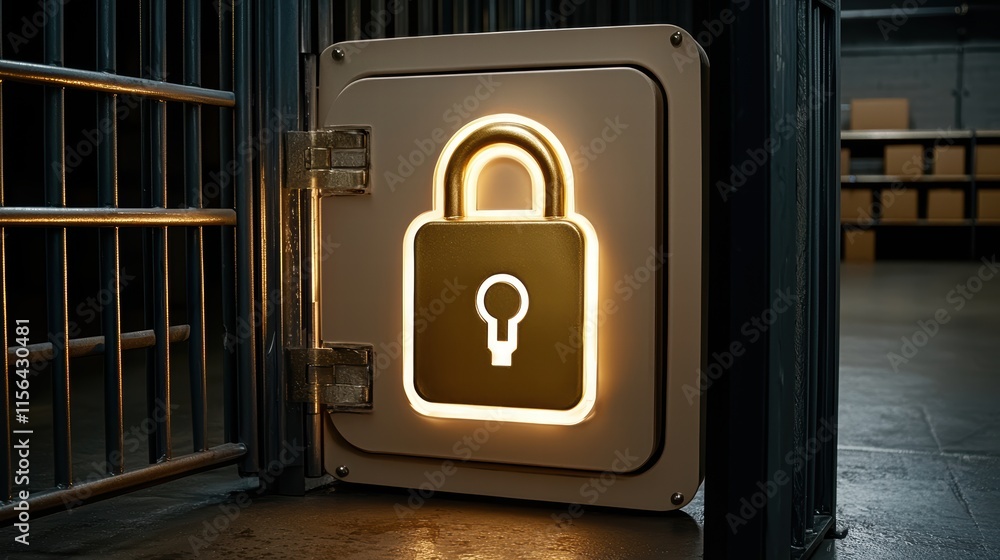 Poster secure lock icon illuminated in dark storage room setting