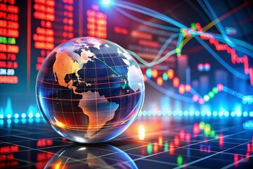 Global Finance: Earth Globe on Red Market Graph Background - Stock Market Trends