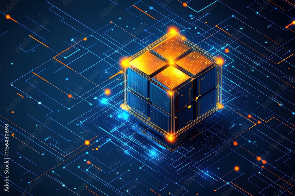 Poster abstract digital cube with glowing lines and data in blue background