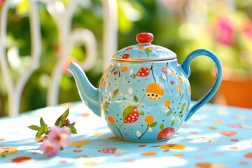 Colorful Ceramic Teapot on a Vibrant Table with Floral Patterns and Natural Light in a Garden Setting