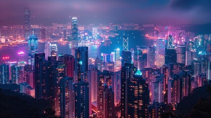 Fototapeta premium Panoramic night view of a vibrant cityscape with skyscrapers illuminated in pink, purple, and blue hues.