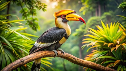 Obraz premium Great Hornbill Bird Tree Perch Medium Shot - Wildlife Photography AI Art