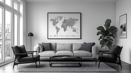Modern Living Room Decor Featuring World Map Artwork