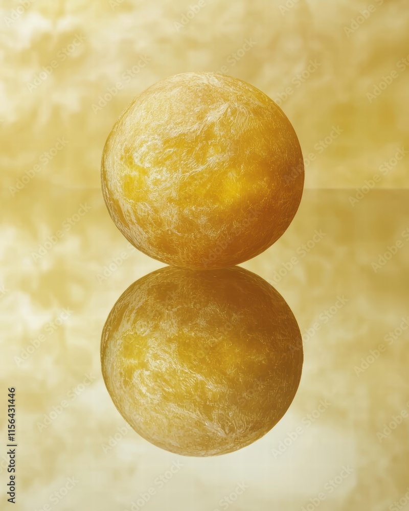 Poster golden reflective sphere on soft textured background with warm glow