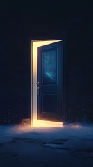 A door is open in a dark room. The door is lit up with a light