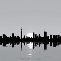 A stunning black and white silhouette of the new york city skyline reflecting on water during twilight. skyline silhouette. cityscape illustration architecture city 