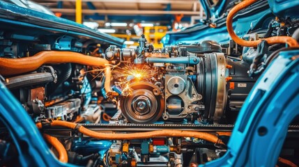 Fototapeta premium Detailed Close-up of Engine Parts with Sparks in Automotive Workshop