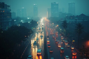 Air pollution in crowded city full of fog and smoke