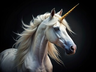 Naklejka premium Majestic White Unicorn Close-Up Dark Background - Fantasy Horse Art