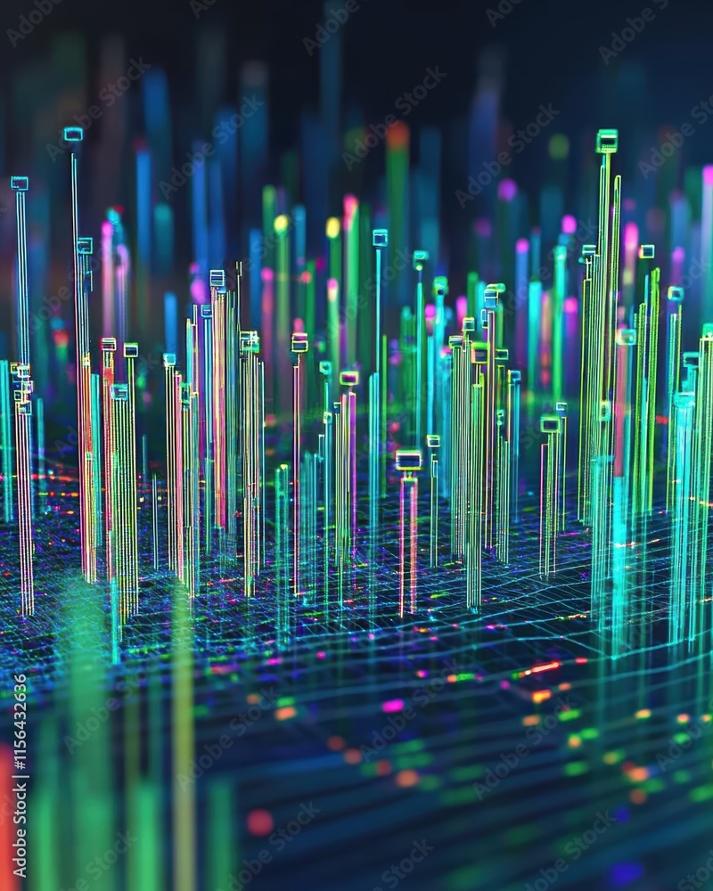 Poster vibrant abstract data visualization with colorful bars and lines