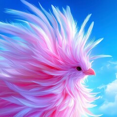 Obraz premium Pink Fantasy Bird Fluffy Feathers Soft Pastel Colors Sky Background Artistic Bird Illu