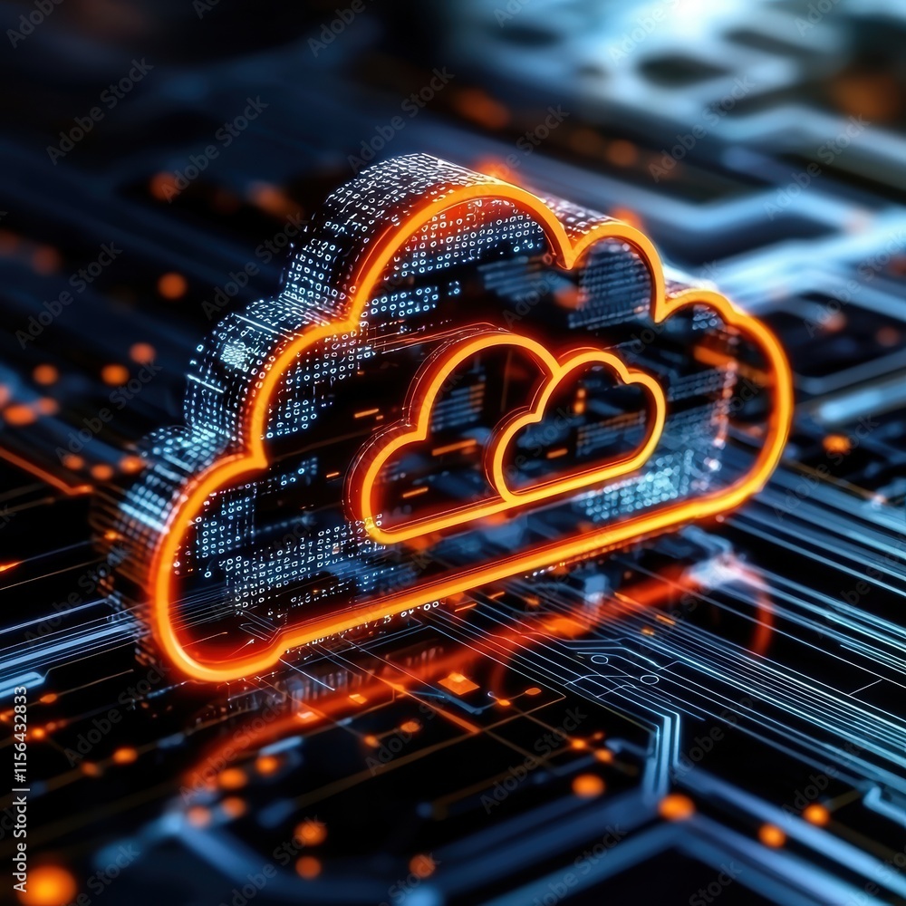 Poster digital cloud icon with data circuit background in futuristic style