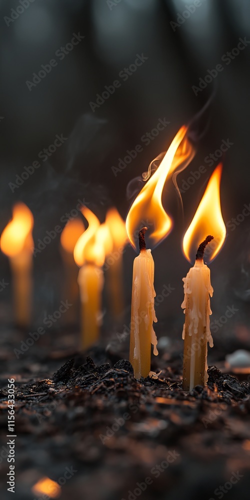 Aufkleber a group of candles are lit and are surrounded by dirt. the candles are lit in a way that they are al