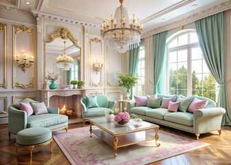 Modern Princess Living Room Interior Design: Eye-Level View, Elegant Decor, Luxurious Furniture