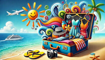 fun travel-themed layout with an open suitcase overflowing with clothing, a camera, and a pair of flip-flops with a vivid blue ocean in the background