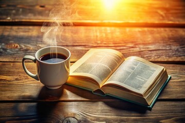 Morning Devotion: Coffee, Bible, Wooden Table - Eye Level Photo