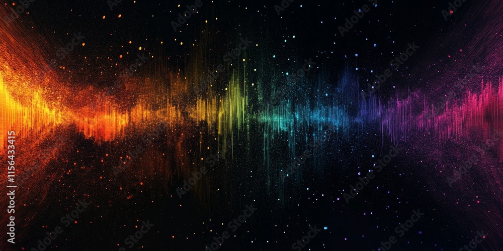 Poster dynamic abstract image of a colorful sound wave spectrum with vibrant light particles on a dark back