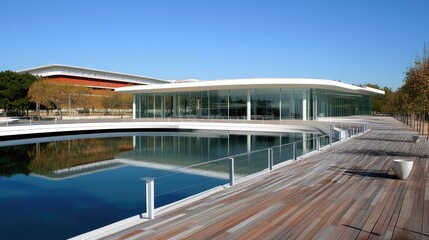 Fototapeta premium Modern building with reflecting pool and wooden deck.