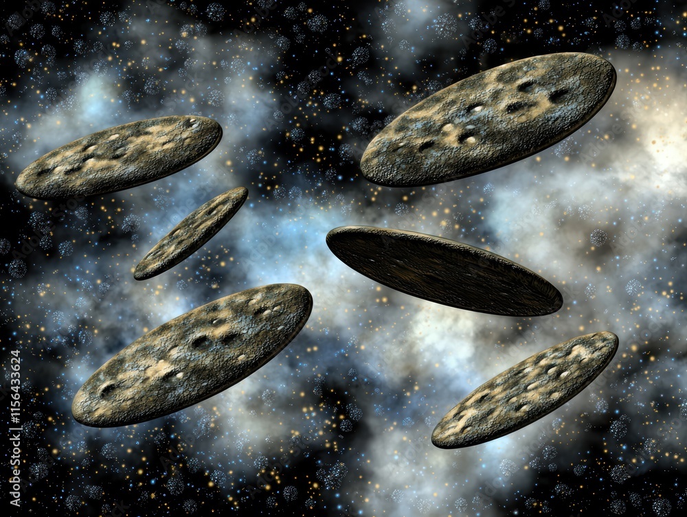 Poster futuristic space scene with floating elliptical objects in galaxy