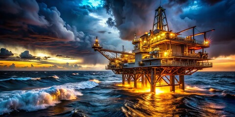 Obraz premium Offshore Oil Rig Night Photography - Eye-Level View, Industrial Structure, Dark Ocean, Illuminated Platform