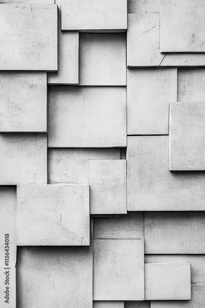 Poster close-up of a modern concrete wall with overlapping rectangular panels, showcasing a minimalist geom
