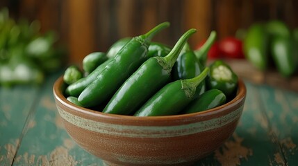 Fresh green jalape?o peppers in a rustic bowl.