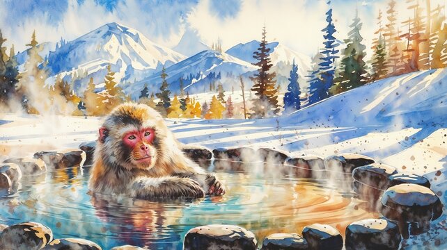  Japanese snow monkey relaxing in a steaming hot spring