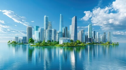 Obraz premium Modern city skyline on a tropical island reflected in calm water under a blue sky with clouds.