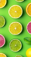 Fototapeta premium Vibrant Citrus Fruit Slices on Green Background