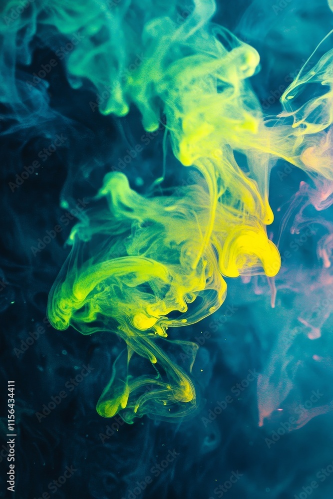 Poster a colorful smoke trail with a mix of green and yellow colors. the smoke is billowing out of a source