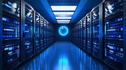 Obraz premium Illuminated Server Room Rows Of Data Storage Equipment