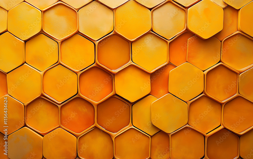Poster honeycomb pattern close-up- golden hexagonal cells filled with thick, caramel-like liquid honey. hyp