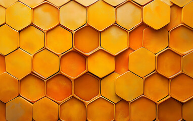 Honeycomb pattern close-up- golden hexagonal cells filled with thick, caramel-like liquid honey. Hyper-realistic texture, high resolution, sharp focus, showcasing intricate details and vibrant hues