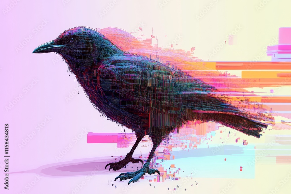 Poster a black bird with a white stripe on its head. the bird is in a blurry image. the image is in a color