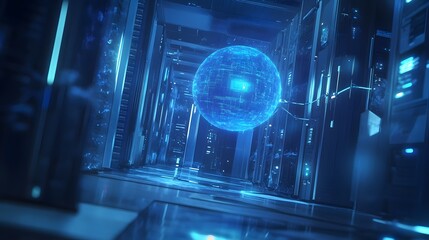 Futuristic Data Sphere In A Server Room Corridor