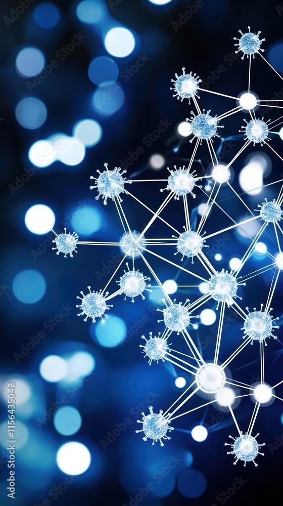 Poster digital representation of molecules with blue background and bokeh