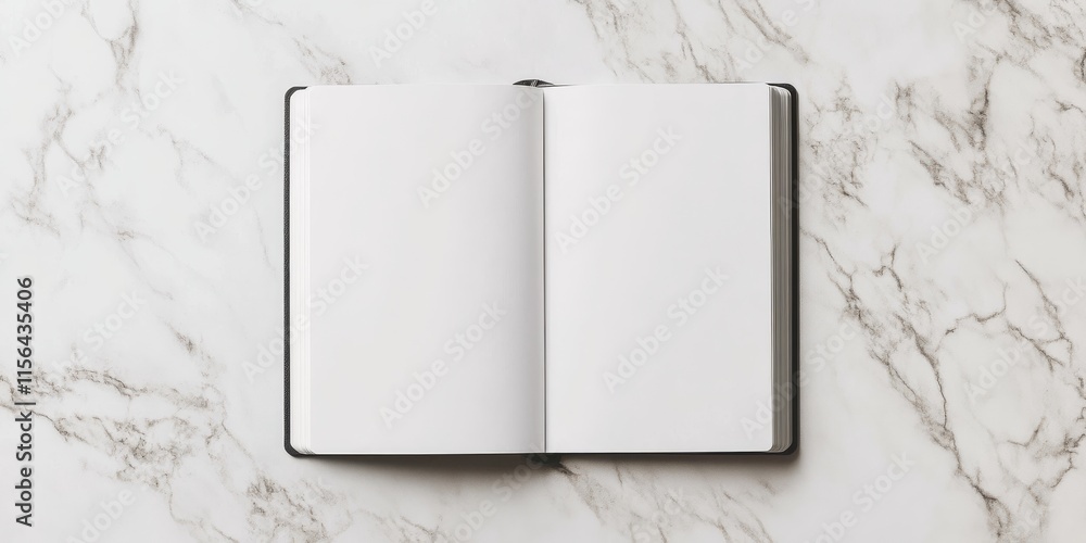 Poster a book is open on a marble countertop. the book is white and has no writing on it. the book is open 
