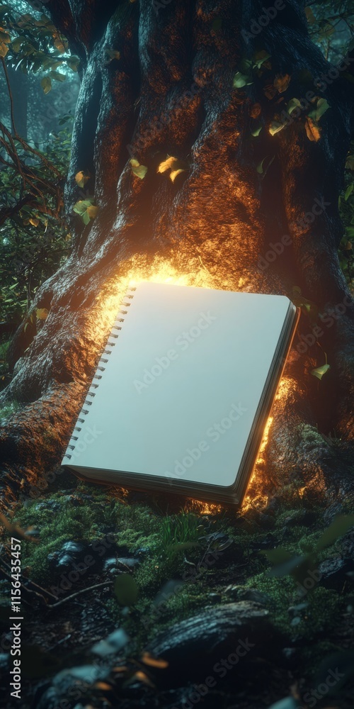 Poster a white notebook is sitting on a tree stump in a forest. the notebook is empty and the tree stump is