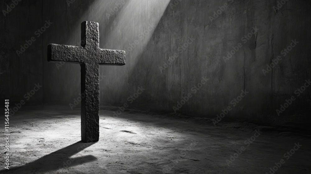 Poster a black cross is standing in front of a wall. the cross is surrounded by shadows, giving it a myster
