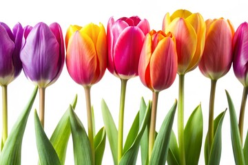 Naklejka premium Row of Pretty Tulips, Spring Flowers, White Background, Floral Photography, Medium Shot