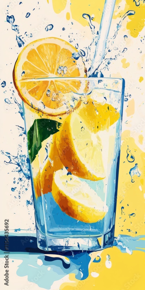 Poster a glass of water with a slice of lemon in it. the lemon is cut in half and is floating in the water